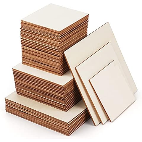 Unfinished Blank Wood Square 60Pcs Wood Pieces Natural Slices Wooden Squares Cutouts for DIY Crafts Pyrograph Painting Staining Burning Engraving Carving Coasters (3''/7.6cm, 4''/10cm, 5''/12.7cm) Cover