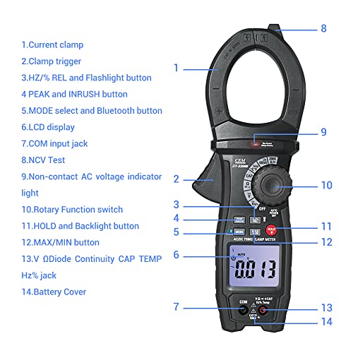 CEM DT-3398B Pinza Amperimétrica TRMS AC/DC con Bluetooth, Rango hasta 2000A, Detección NCV, Seguridad CAT IV 1000V, Soporte APP Móvil miniatura 7