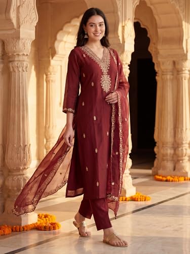 Image of INDO ERA Women's Black Silk Blend Embroidered Mirror Work Kurta & Pant with Dupatta Set (IEDDAI484)