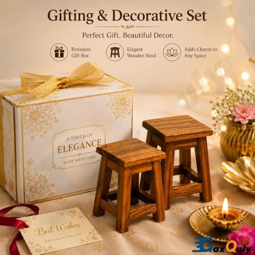 Image of Teakwood Mini Wooden Stool Plant Stand, Small 9.5cm Decorative Pedestal Risers, Handcrafted Teak Wood Candle & Accessory Display Holder for Tabletop Home Decor (Brown, 1pc)