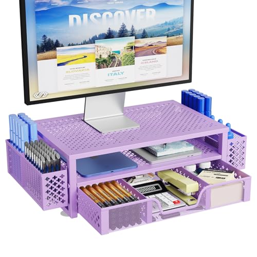 Simple Trending 2 Tier Metal Monitor Stand Monitor riser and Computer Desk Organizer with Drawer and Pen Holder for Laptop, Computer, iMac, Purple