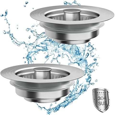 HEMOUR 2-Pack 3 in 1 Kitchen Sink Drain Strainer Stopper, Stainless Steel Sink Stopper and Anti-Clogging Strainer Combo, Pop Up Drain Stopper for US Standard 3-1/2" Drain, Fast Draining Cover