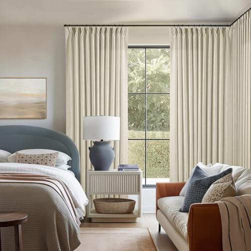 Image of Pinch Pleated Extra Wide Curtain Panels 108 Inches Long 70 Wide Linen Curtain for Patio Sliding Glass Door Beige Hooks Rings Semi Sheer Privacy 108 Inch Length for Living Room 70x108 1 Panel