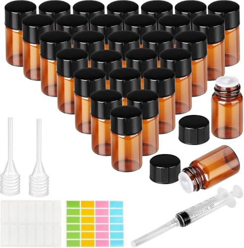 Ysimple 30 Piezas Ambar Frasco Cuentagotas Cristal, 1ml Botellas Cuentagotas, Goteros Cuentagotas con Jeringa, Cuentagotas, Pegatina, para Aceite Esencial, Masaje, Fragancia, Aromaterapia