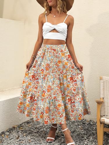 Image of ANRABESS Women's Summer Boho Flowy Swing Tiered A-Line Maxi Skirt 2026 Fashion Trendy Elastic Waist Pleated Long Beach Dress