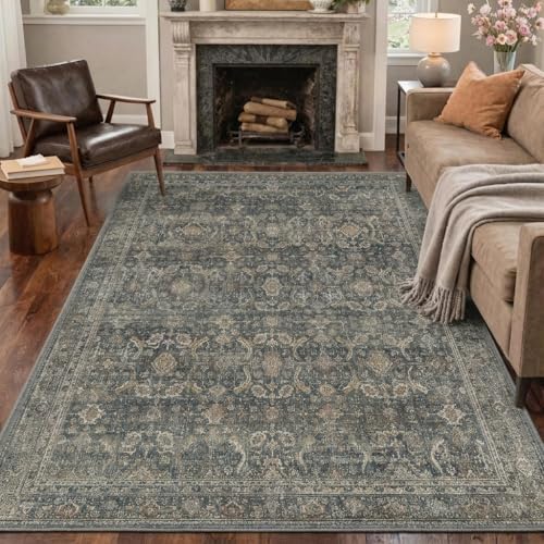 BESBLEE 8X10 Area Rugs Machine Washable Rugs for Living Room, Vintage Boho Large Rugs for Bedroom Dining Room, Non Slip Indoor Soft Distressed Lightweight Thin Low Pile Carpet, Deep