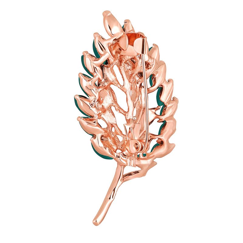 Rose Plated Leaf Brooch Saree Pin with Crystals