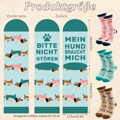Tantanbear 3 Paar Dackel Socken, Socken Hundemotiv 36-45, Dackel Geschenke mit Witzige Spruch und Dackelmotiv für Teenager Erwachsener Herren Damen