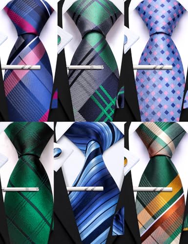 Image of Barry.Wang 6 PCS Men Ties Set Silk Business Fashion Woven Necktie Handkerchief Cufflinks Paisley Stripe Wedding Party
