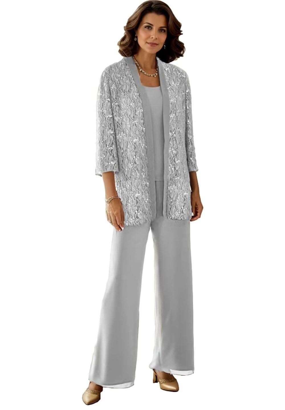 3 Pieces Mother of The Bride Pant Suits Lace Sequin Pant Suit 3 4 Sleeve Sparkly Formal Pantsuits