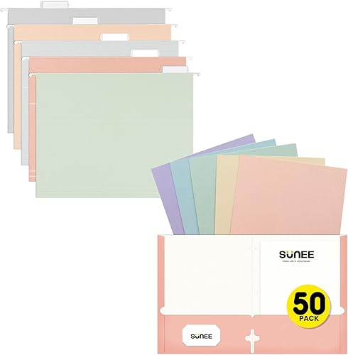 SUNEE Carpetas con bolsillos, paquete de 25 y carpetas colgantes para archivar, paquete de 25 unidades, colores pastel, archivos coloridos para