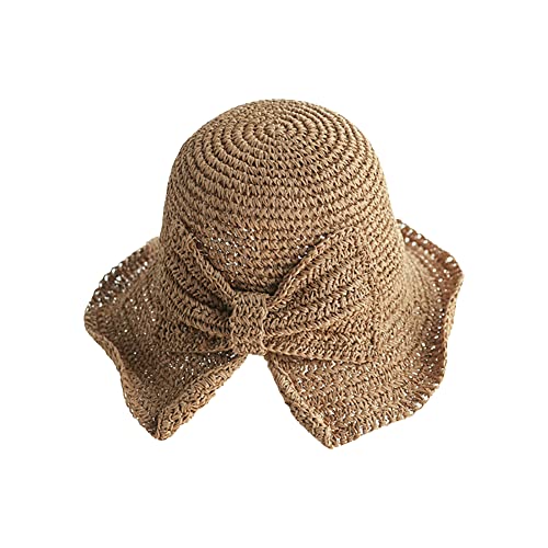 Image of GSHLLO Women Bowknot Straw Hat Foldable Outdoor Sun Hat Summer Beach Floppy Hat UV Protection Straw Cap Sun Visor Cap