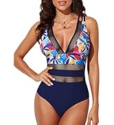 EVALESS Womens Sexy Mesh V Neck One Piece Swimsuits Tummy Control High Waisted Bathing Suits Cros...