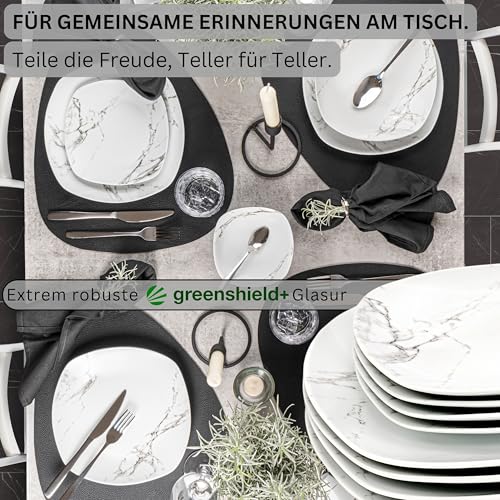 SÄNGER | Tafelservice Bilgola Marmor, 24-teiliges Geschirrset für 6 Personen mit Suppen-, Dessert-, Speisetellern & Müslischalen aus Porzellan, Teller Set, Essgeschirr, Eckig | PREMIUM COLLECTION