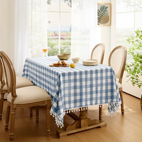 Softalker Checkered Tablecloth Rectangle, Outdoor Linen Cotton Gingham Table Cloth with Tassel, Heavy Duty Wrinkle Free Buffalo Plaid Table Cover for Kitchen Dining Summer Party - 55 x 84 Inch, Blue by Softalker - Used condition - Image 7
