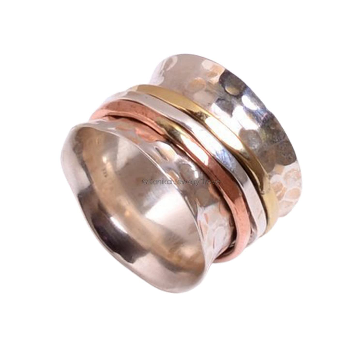 Kanika Jewelry TroveAnillos de plata de banda ancha para mujer,Hammered Spinner Band Rings, Anxiety Ring for Meditaion, 925 Sterling Silver Band, Brass and Copper Spinning Ring for Women, Gift Ring for Christmas