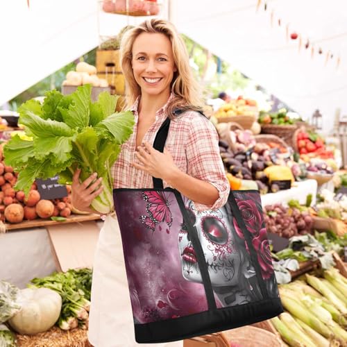 Sugar Skeleton Rose Large Insulated Tote Bag for Grocery Shopping Reusable Tote Bags for Women Men, Cooler Bag with Zippered Top & Handles for Beach Picnic Travel2