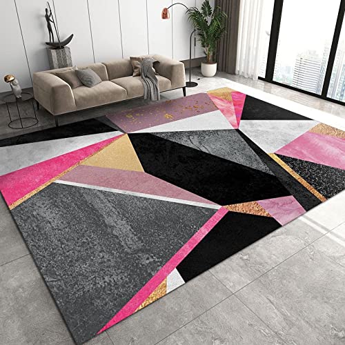 Pink Gray Black Marble Texture Area Rug, Irregular Geometry Light Luxury Indoor Non-Slip Kids Rugs, Machine Washable Breathable Durable Carpet for Front Entrance Floor Decor,5.3 x 8ft
