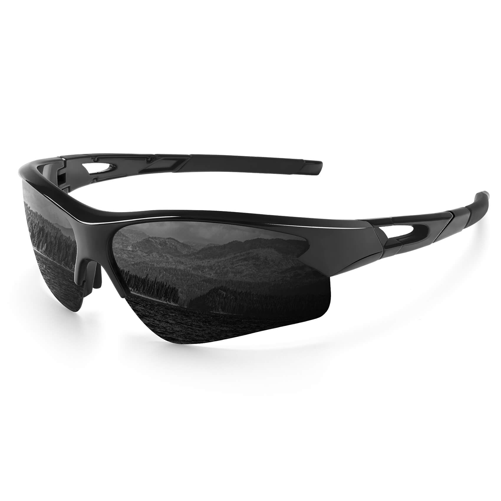 QALLYPolarized Sports Sunglasses for Men Wrap Around Sports Sunglasses Cycling Sunglasses, Bright Black Frame Grey Lens