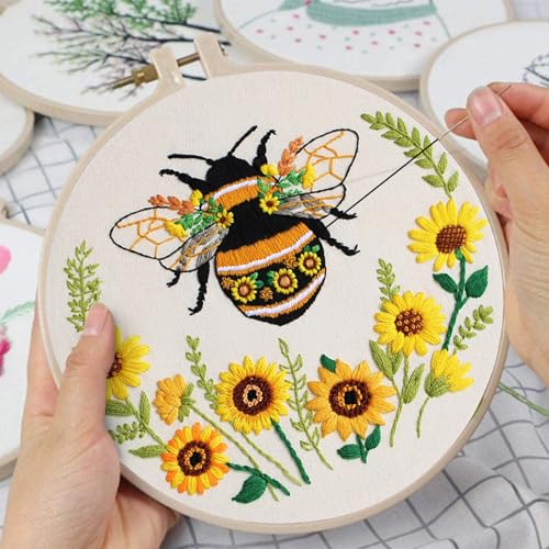 Image of Nuberlic 3 Pack Embroidery Kit for Beginner Adults, Cross Stitch Set with Cute Bee Patterns, Includes Cloth, Hoops, Threads, Needles, Instructions