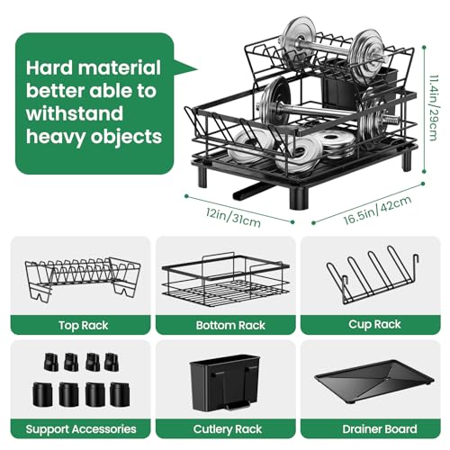 PKBD 2 Tier Dish Drainer Rack,Multifunctional/Detachable Dish Rack with Swivel Drainage Spout,Utensil Holder,Cup Holder,Rust-proof Carbon Steel/Space-Saving Dish Drying Rack for Kitchen Counter,Black - Image 5