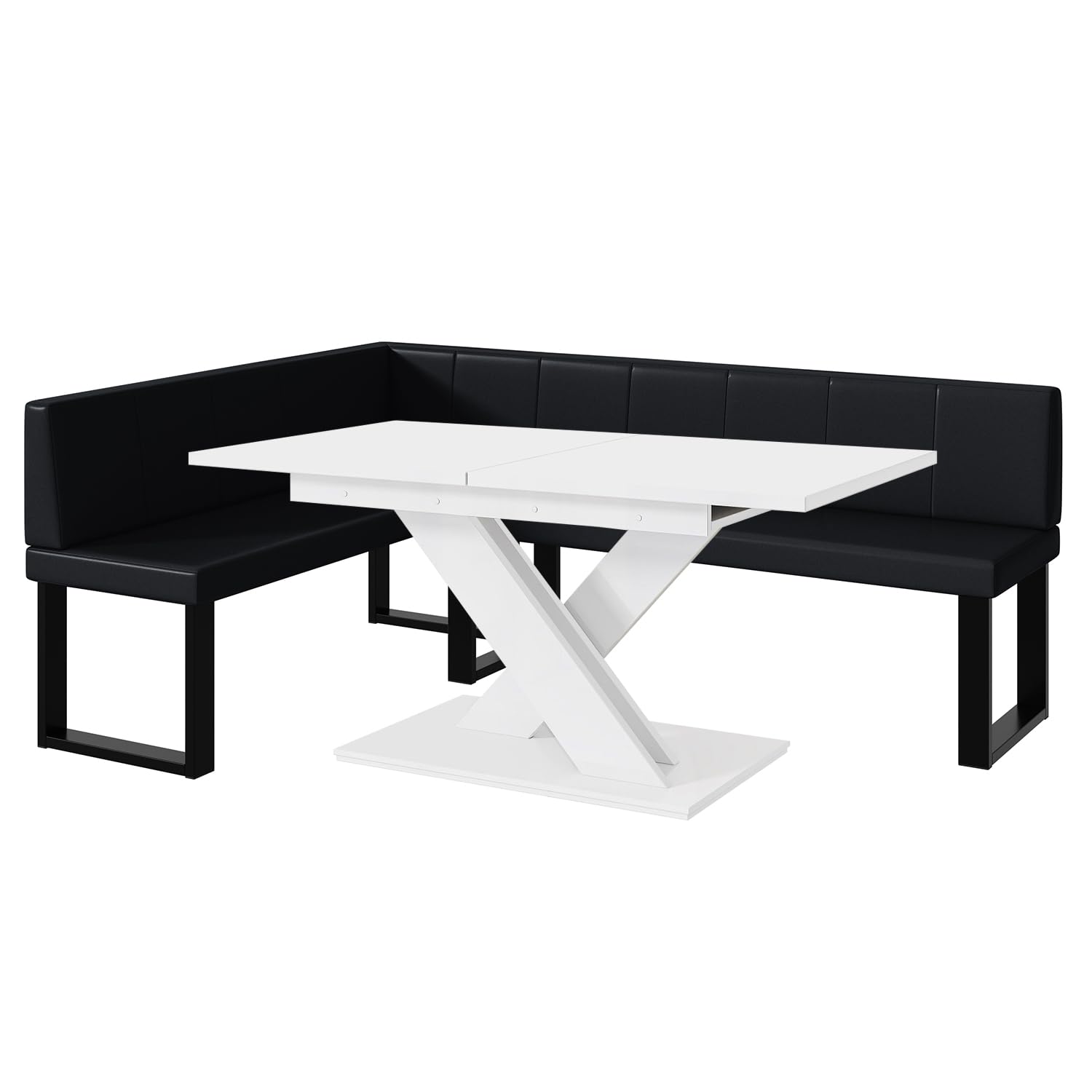 MEBLINI Eckbank für Esszimmer mit ausziehbarem Tisch - Küchenbank - Essecke - Sitzecke Küche - Peter - U-Beine 142x196x87cm Links - Schwarz Kunstleder/B Weiß Matt