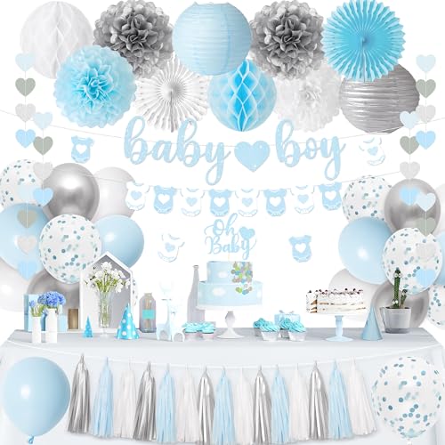 Kriyokiaa Baby Boy Shower Decorations 16 Pcs Blue Baby Shower Decorations for Boy with Banner, Confetti Balloons, Paper Pom Poms Lantern, Cake Topper Perfect for Indoor & Outdoor Party Decor