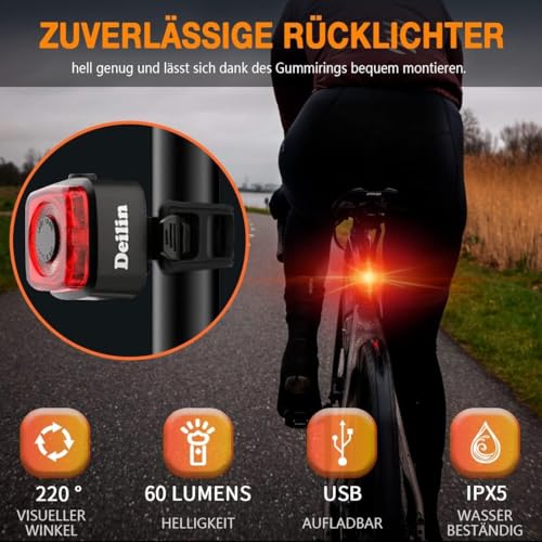 Deilin Fahrradlicht Set, bis zu 70 Lux LED Fahrradbeleuchtung USB Aufladbar Fahrradlampe, IPX5...