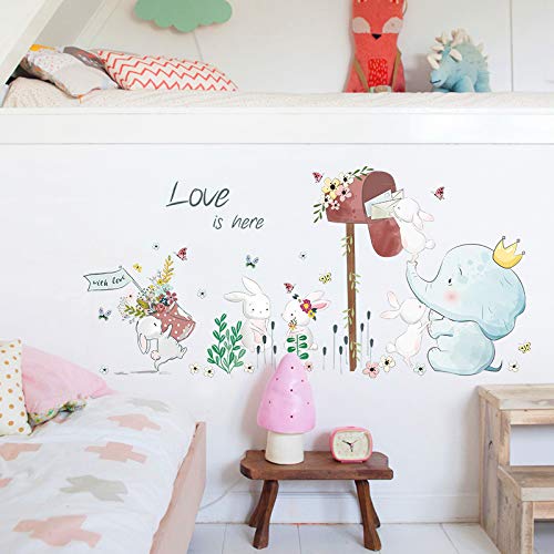 NAjS Stickers muraux amovibles pour chambre d'enfant Motif animaux mignons lapins éléphant lapin fleurs papillon Cover