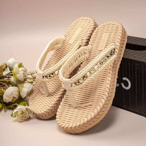 Girls Summer Linen Weave Flip Flops Beach Slides Flat Sandals3
