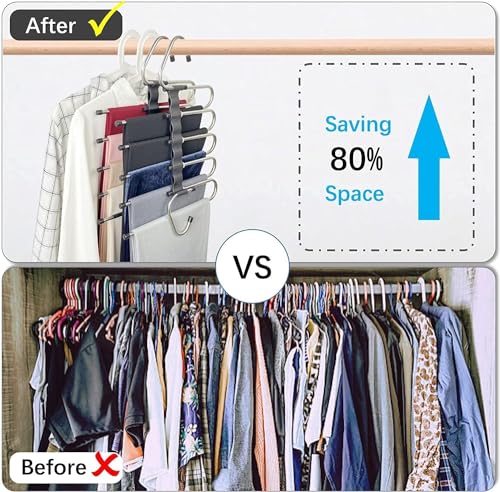 Image of TEKCOOL (Pack of 1) 5 in 1 Stainless Steel Foldable Hangers for Clothes Hanging Multi Layer Multi-Purpose Pant Hangers for Wardrobe Magic Foldable Hanger Clothes Hanger'