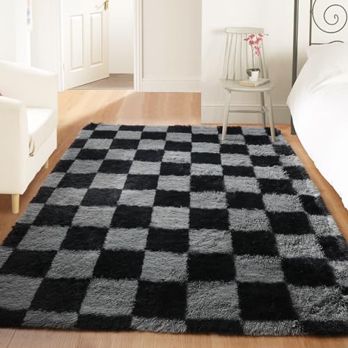 Image of KICMOR Area Rugs for Bedroom, Black and Grey Fluffy Shag Soft 3x5 Checkered Small Living Room Carpet, Indoor Fuzzy Shaggy Plush Rug for Kids Boys Girls Teen Dorm Nursery Bedside Home Decor Aesthetic