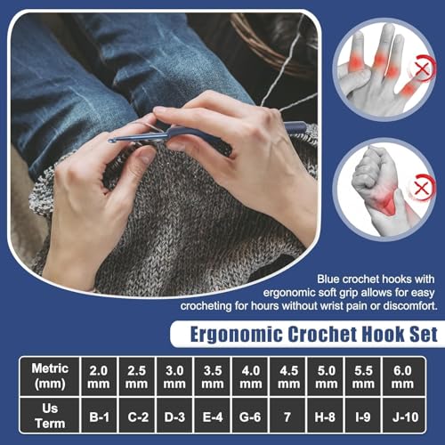 Image of VIRADHAM Crochet Kit for Beginners - 9 PCS Ergonomic Crochet Hooks Set with Yarn Balls, Stitch Markers, Plastic Needles, Scissors & Knitting Accessories for DIY Craft Projects (Black Hook+Yarn Set)