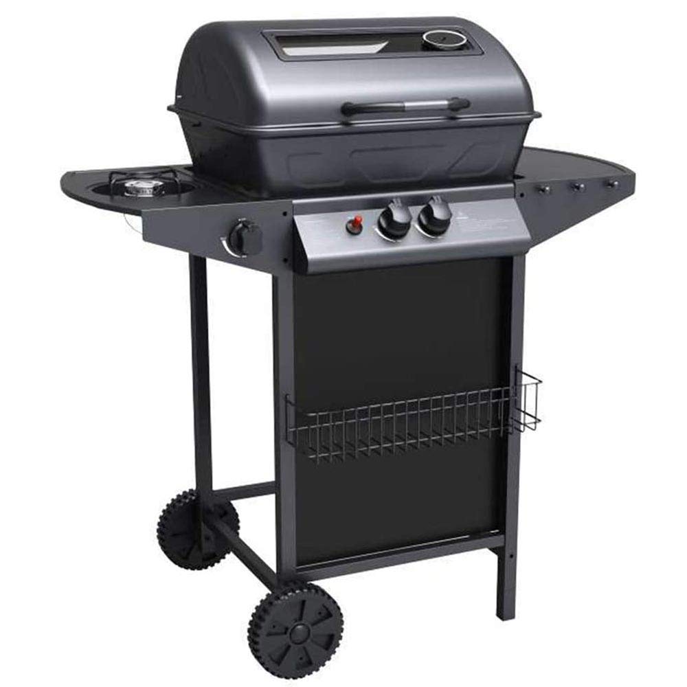 Bakaji - Barbacoa de gas y piedra volcánica con 2 fuegos, parrilla de acero inoxidable con superficie de apoyo y hornillo lateral, 2 ruedas y tapa Grill BBQ para exterior, jardín, terraza