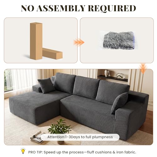 Image of GRUSIGN Cloud Sectional Boneless Couches for Living Room, Modular L Shaped Couch with Deep Seat Oversized Left Facing Chaise, Memory Foam Compressed Spineless 3 Seater Sofa for Apartment, Grey