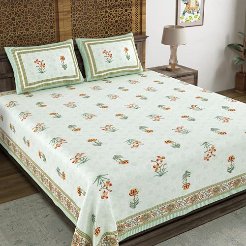 Image of BLOCKS OF INDIA Hand Block Printed 200 TC Cotton King Size Bedsheet (Green RED Flower)