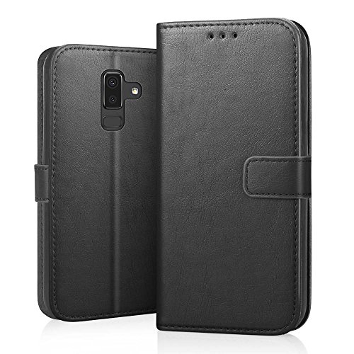RIFFUE Funda Galaxy J8 2018, Cartera Carcasa Piel Plegable Cubierta del Tirón Estilo Retro PU con Ranuras, Billetera, Cierre Magnético, Case Cover para Samsung Galaxy J8 2018 - Negro