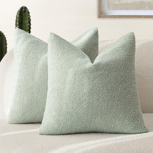 Image of Foindtower Pack of 2, Curly Faux Fur Decorative Throw Pillow Covers Soft Fuzzy Plush Cushion Case with Zipper Cozy Pillowcase for Home Living Room Couch Bed Sofa 18 x 18 Inch, Sage Green