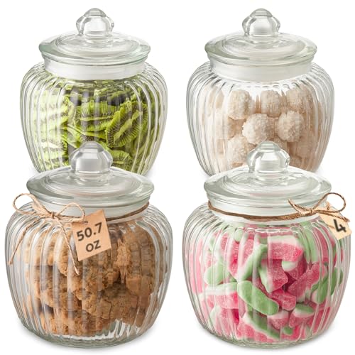 Glass Candy Jars with Lid Large 50 oz - Airtight - 4 Vintage Cookie Jars With Lids & Labels- Sturdy...