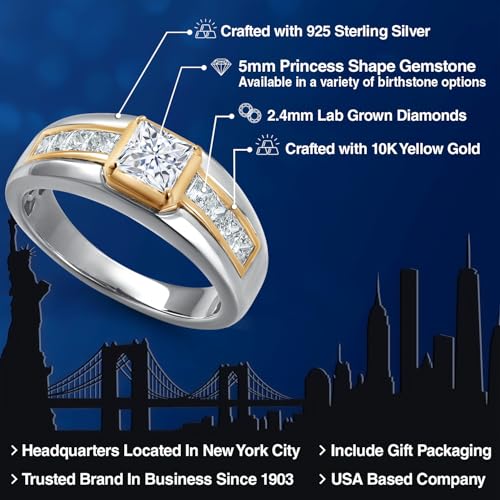 Gem Stone King 925 Silver and 10K Yellow Gold 5MM Princess Cut Gemstone Birthstone and 2.4MM Round Lab Grown Diamond Statement Ring For Men | Available in Size 7-132