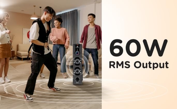 People enjoying music from AKAI TWS-600Max speaker with 60W RMS Output text