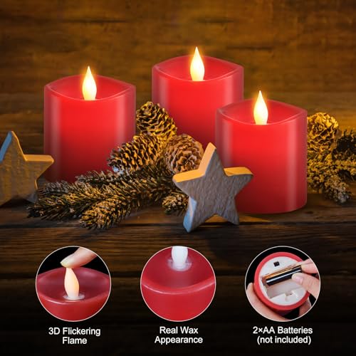 Image of 3x3 Flickering Flameless Candles Set of 3, LED Battery Candles,with Timer, 3 inch Flameless Candles with Remote, for Holiday Home Decor,Red