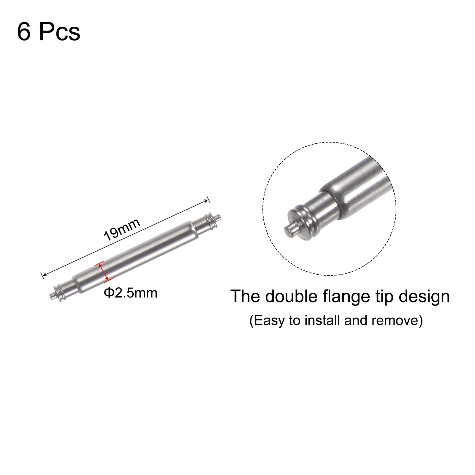Uxcell 6pcs Stainless Steel Spring Bar Pins, 19mm Length, 2.5mm Dia, Silver Tone, Double Flanged End Pins for Watch Band Strap