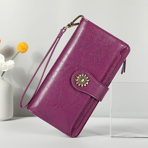 Lavemi Womens Genuine Leather Large Capacity RFID Blocking Wallets Clutch Card Holder With Wristlet Strap3