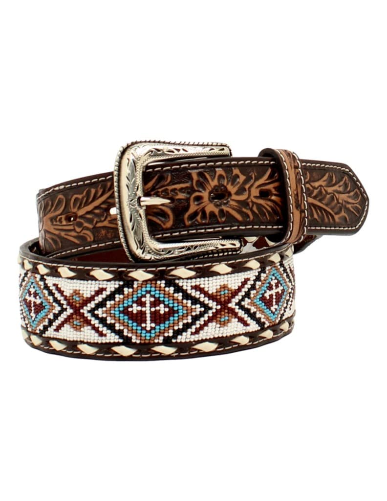 Nocona Mens Floral Tabs Beaded Buck Lacing Belt, Size 46, White