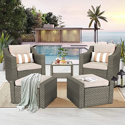 Solaura 5 Piece Patio Conversation Set Outdoor Furniture Set, Grey Wicker Lounge Chair With Ottoman Footrest, W/Coffee Table & Cushions (Beige) For Garden, Patio, Balcony, Deck #TOP2