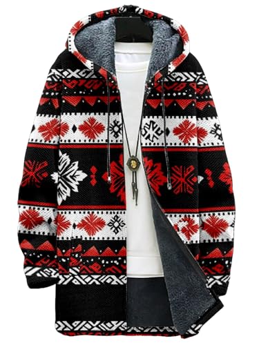 DMOYALA Cárdigan largo con capucha para hombre, chaqueta de forro polar con cremallera completa, suéteres de punto con capucha y bolsillo, Aztec Xmas Black, 4X-Large