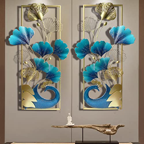 Ainydie 2 Pièces Décorations Murales Paon en Métal à La Main, Sculptures d'art Murales en Fer Métal Feuille Ginkgo Tenture Murale - pour Salon Chambre à Coucher Hôtel,87x46cmx2Pcs Cover