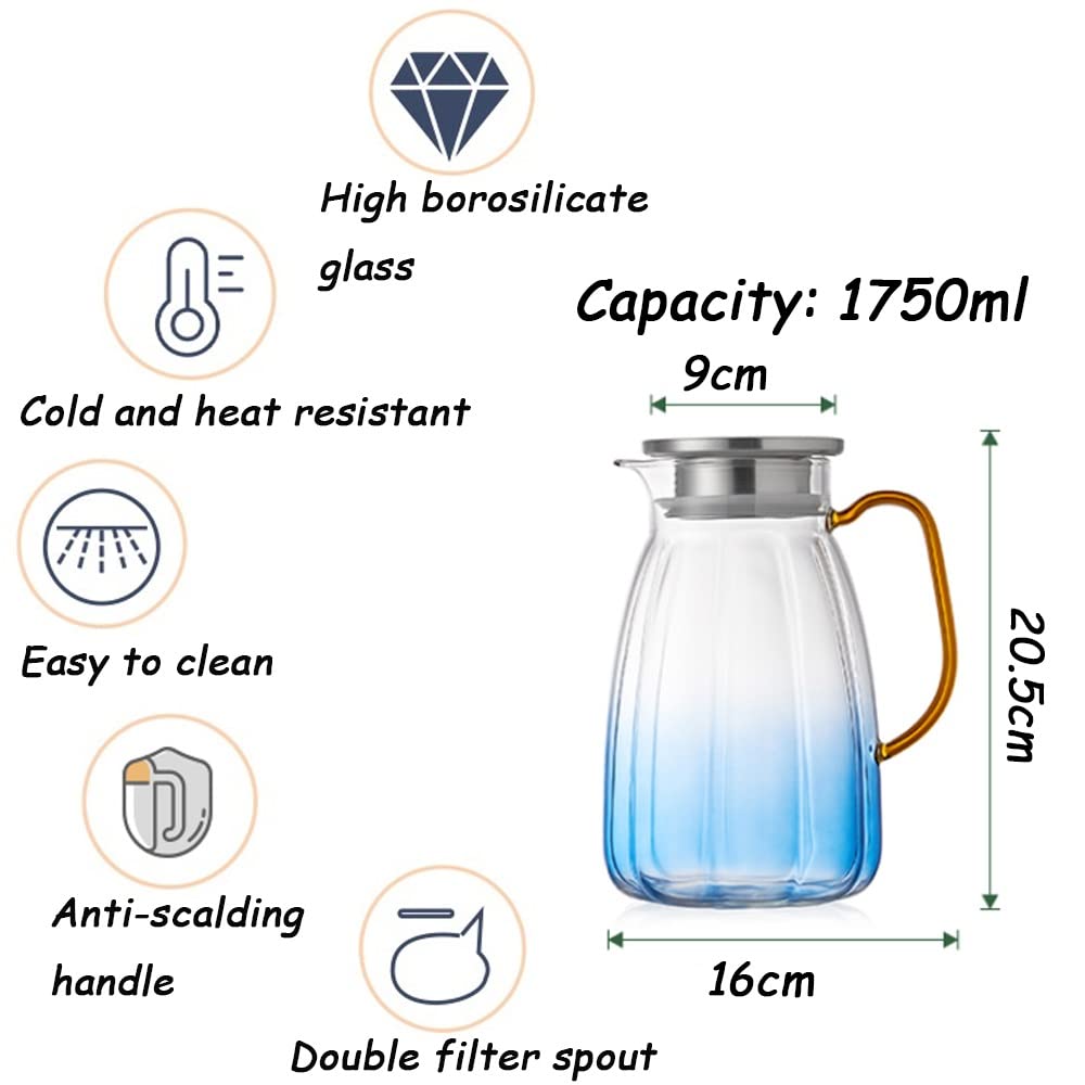 Nff Jarra De Cristal, Jarra De Agua De Cristal De 1,75 L con Tapa, Jarra De Cristal Resistente Al Calor Azul Degradado Apta For Zumo, Té, Leche, Café (Color : Gradient Blue)