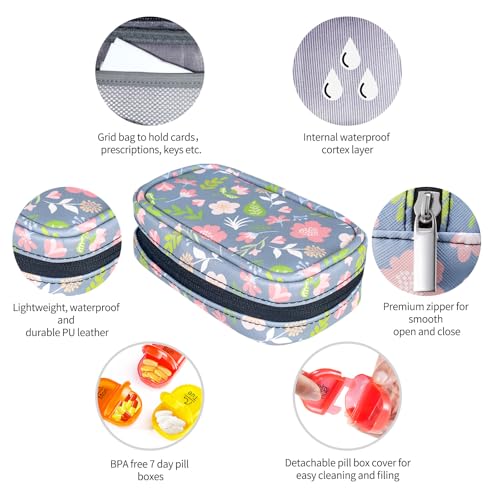 Image of Serfeymi Weekly Travel Pill Organizer 2 Times A Day AM PM Upgraded Rainbow Pill Box 7 Day with Portable Zipper PU Leather Pill Case, Medicine Organizer for Pills, Vitamins, Fish Oils - Floral 02